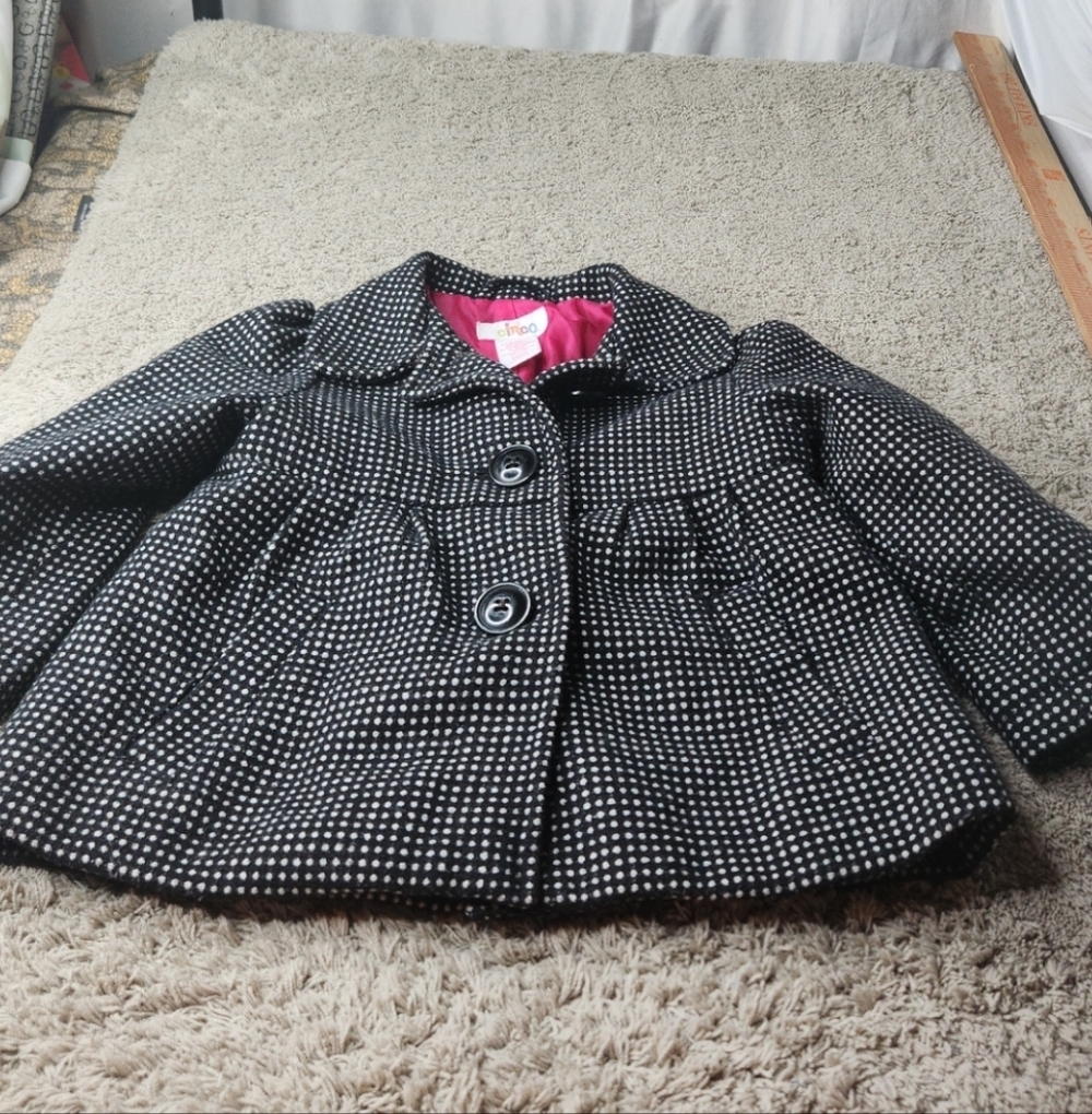 Toddler's Black and White Micro Polka Dot Peacoat with Button Detail 18M